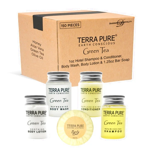 Terra Pure Hotel Soaps and Toiletries Bulk Set | 1-Shoppe All-In-Kit Amenities for Hotels | 1oz Hotel Shampoo & Conditioner, Body Wash, Body Lotion & 1.25oz Bar Soap Travel Size | 150 Pieces