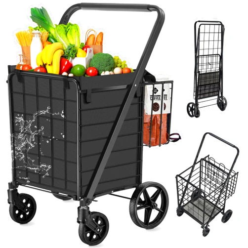 Spurgehom Grocery Cart on Wheels Folding Shopping Carts for Groceries 140L Jumbo with Removable Liner and Double Basket, 360° Rolling Laundry Cart Lightweight Trolley for Seniors 400 LBS Capacity