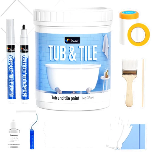 DWIL Tub Paint, Tub and Tile Refinishing Kit 35oz with Tools and 2 Grout Pen, White Bathtub Paint Water Based &Low Odor, Easy to Use Sink Paint for Bathroom Kitchen, Semi-Gloss White, 50-55sq.ft