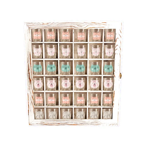 JJWLWEI Shot Glass Display Case 36 Shot Glass Holder Wall Display Case Cup Shadow Box，with Removable Shelves for Collection Shot Glass Acrylic Glass Door（Rustic White）