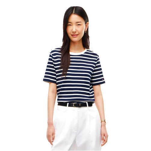 Tommy Hilfiger Women's Short Sleeve Cotton Graphic Crew Neck T-Shirt with Button Embellished Shoulder Design