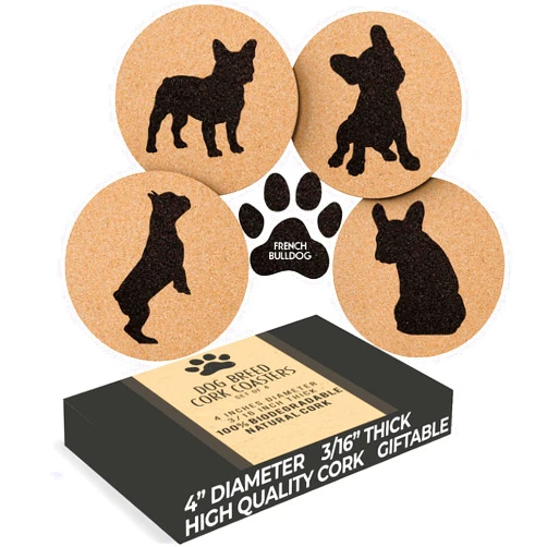 Greenline Goods French Bulldog Lovers Cork Drink Coasters - Set of 4 Dog Coasters with Protective Bottom - French Bulldog Decor Coasters for Drinks - Frenchie Gift Idea for French Bulldog Moms & Dads