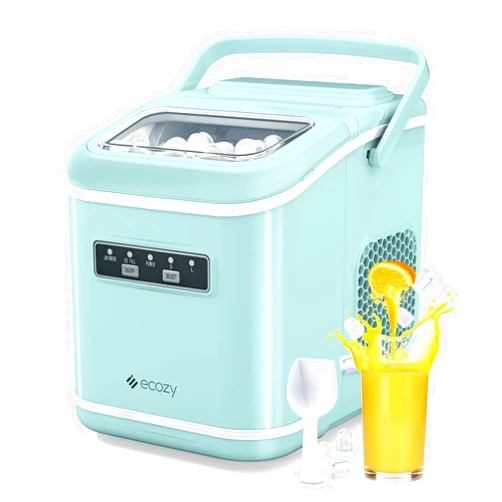 ecozy Countertop Ice Maker, Portable Ice Maker with Self-Cleaning, 9 Bullet Ice Cubes in 6 Mins, 26lbs/24Hrs, Ice Maker Machine with Ice Bags, Handle, Standing Scoop and Basket, Green