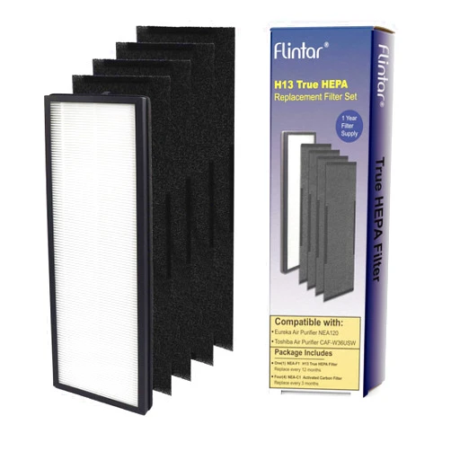 Flintar H13 True HEPA Replacement Filter, Compatible with Eureka NEA120 and Toshiba Smart WiFi Air Purifier, H13 Grade True HEPA (NEA-F1) and 4 Activated Carbon Filters (NEA-C1) (Set of 1)