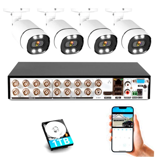 Fuers 16Channel Security DVR Recorder 16CH Hybrid 5-in-1 DVR Recorder with 4pcs 5MP Cameras for Surveillance Camera 24/7 Recording,Mobile APP & PC Remote Pre-Installed 1TB Hard Drive