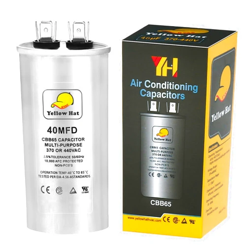 HVAC YELLOW HAT Capacitor for Air Conditioner 40 uf MFD 370 or 440 Volt VAC, Multi-Purpose Round Capacitor for AC Motor Run or Fan Motor Start or Condenser Straight