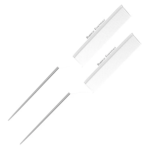 Bardeau Essentials 8.8 Inch White Metal Tail Comb (2 Pack) Carbon Fiber and Stainless Steel Pintail | Lightweight | Rat Tail Styling Combs for all Hair Types | Fine Tooth Teasing Comb Set (White 2 Pack)