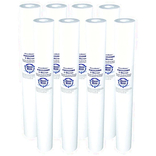 KleenWater KW2520BR Dirt Rust Sediment Water Filter, 2.5 x 20 inch Melt Blown Replacement Cartridges, 5 Micron, Set of 8