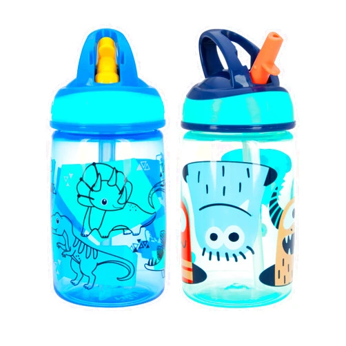 Nuby Flip-it Kids On-The-Go Printed Water Bottle with Bite Proof Hard Straw - 12oz / 360 ml, 18+ Months, Prints May Vary, 2-Pack