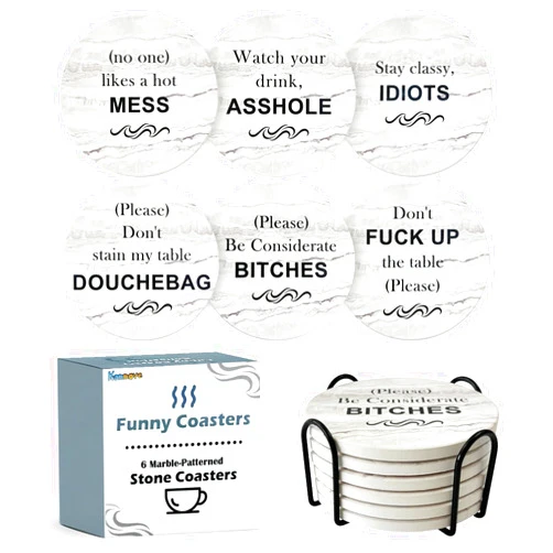 Kannove Funny Coasters for Drinks-Set of 6,White Elephant Gifts for Adults Useful,Perfect Housewarming Gifts New Home for Men Women Couples,Absorbent Coasters with Cork Base,Christmas Secret Santa Gag Gifts