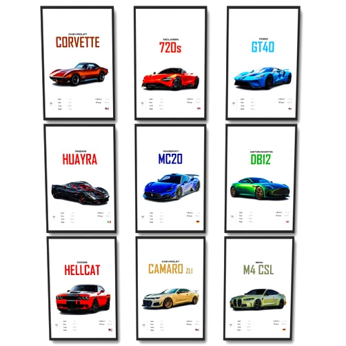 dazongweihan 9pcs Super Car Posters for Boys Room, Racing Car Wall Art for Men Guys, Sports Car Wall Decor, Race Cars Pictures Wall Decor for Bedroom Dorm Man Cave (Unframe,8x12inch) (Q1)