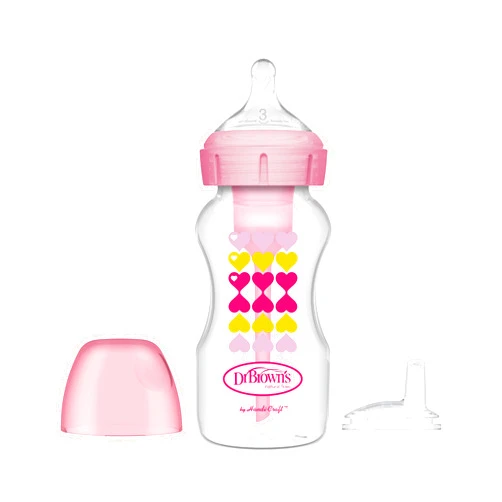Dr. Brown's Dr. Brown’s Anti-Colic Options+ Wide-Neck Sippy Bottle Starter Kit, 9oz/270mL, with Level 3 Medium-Fast Flow Nipple and Soft 100% Silicone Sippy Spout, Pink, BPA Free, 6m+
