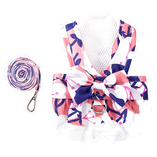 Anelekor Daisy Floral Dog Harness and Leash Set - Bow Knot Girl Puppy Princess Skirt with D-Ring Mesh Summer Pet Clothes for Cat & Dog (Pink, X-Small)