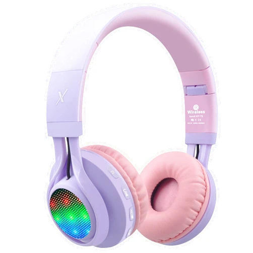 Riwbox WT-7S Kids Bluetooth Headphones Light Up, Foldable Stero Wireless Headset with Microphone and Volume Control for PC/Tablet/TV/Travel (Purple)