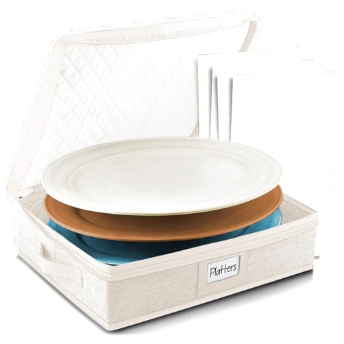 Hearth & Harbor Platter Storage Case – Fine China Storage Containers Hard Shell, Quilted and Stackable 16”x 12.5”x 3.5” Platter Storage Container with Handles and Felt Dividers for Moving and Seasonal Storage, Cream