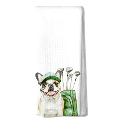 DOFQZ Funny Golf French Bulldog Kitchen Towels, Gifts for French Bulldog Lovers Dish Tea Towels for Kitchen Decor, Frenchie Gifts Hand Towel for Bathroom, 16x24 Inch