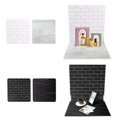 BEIYANG 2PCS 16x16in Double Side Photography Backdrop, White & Black Subway Tile Background Surface, Grey Black Marble Pattern Pattern Photo Board for Food Jewelry Cosmetics Small Product Shooting