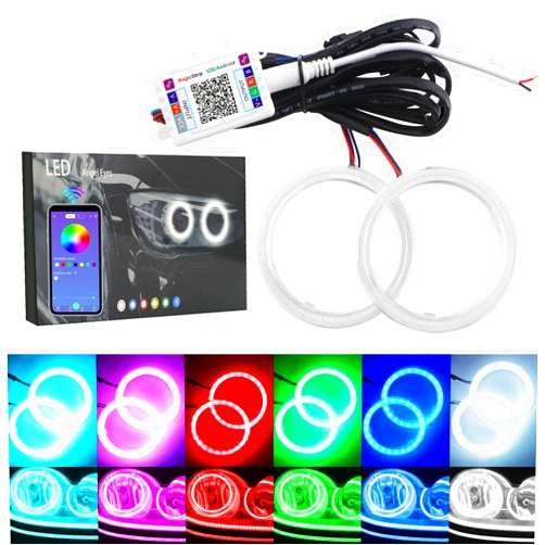 QasimLED 1-pair 60MM 60SMD COB RGB LED Halo Ring Angel Eyes Universal For Motorcycle Car Driving Warning Light Fog Light DRL Decorative Light with Cover Bluetooth Mobile APP Control 12V DC