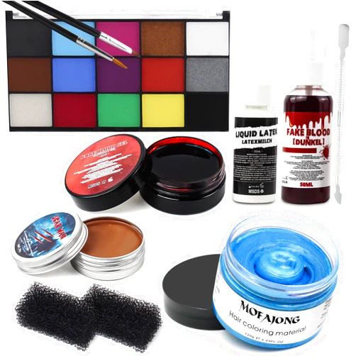SOVONCARE Blue Hair Wax Color+Scar Wax SFX Makeup Kit+15 Color Face Paint Kit
