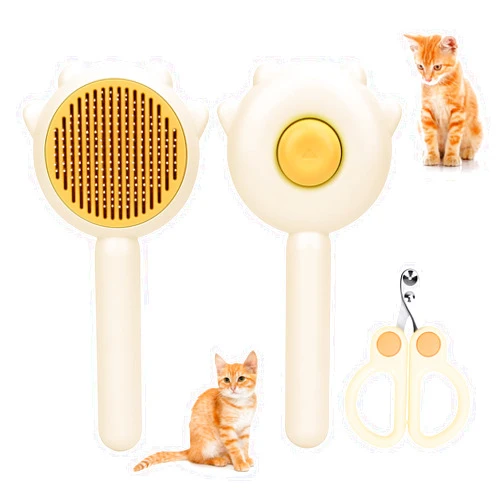Apetpup Self-Cleaning Cat Brush with Release Button, Hair Remover for Indoor Pets, Circular Cut Hole Nail Clippers (Yellow)