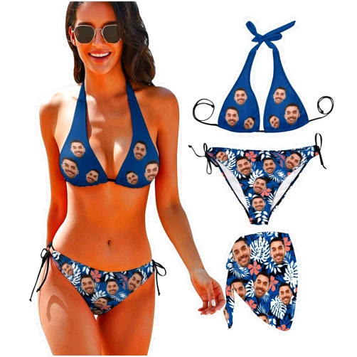 M YESCUSTOM Custom Swimsuit with Face Personalized Bikini Sets for Women Matching Swim Top Bottom & Beach Cover Up for Swimwear