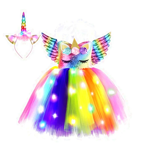 Genafy Sequin Unicorn Princess Costume for Girls, Lighted Birthday Party Tutu Dress Halloween Decorations Christmas Outfit Gifts