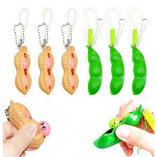 Ganjiang 6PCS Squeeze Bean Keychain Fidget Toys Pack for Both Children and Adult (3pcs pea & 3pcs peanut)
