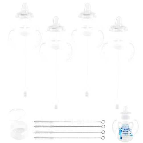 XUNICUTE Sippy Cup Conversion Kit for Dr Browns Wide-Neck Baby Bottles, Spill-Proof Transition Kit with Silicone Sippy Nipple, Weighted Straw, Handle, 4 Pack, 6m+