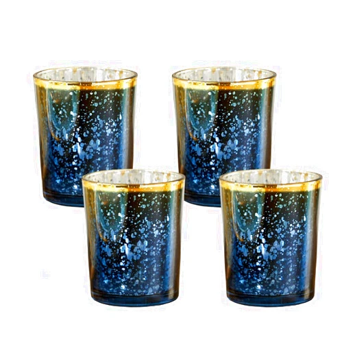 Kate Aspen 20191NA Mercury Glass Tea Light Holder (Set of 4), Deep Blue/Gold