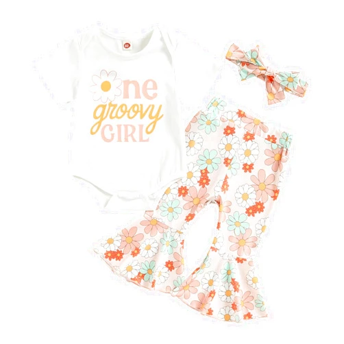 SAYOO Toddler Baby Girls Birthday Outfits Letter Tassel Shirt Donut Cake Floral Flared Long Pants Headband 3Pcs Summer Set