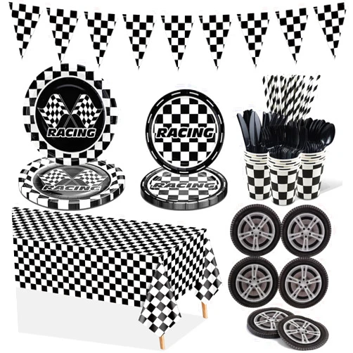 PIXHOTUL Racing Car Birthday Party Decorations, Racing Car Party Supplies Include Plates, Racing Car Tablecloth, Tire Napkins, Cups, Cutlery, Flag for Kids Birthday Race Theme Party, Serves 20 Guests