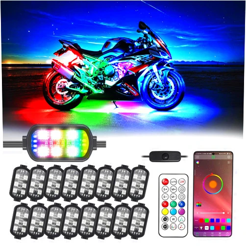 TDE Explorer.Lighting 16 Pcs RGB Chasing Motorcycle LED Lights Kit for Harley Davidson Kawasaki Suzuki, Waterproof Magic Multicolor Motorcycle Underglow Kit Strip Lights with APP Control Music Sync Brake Turn Signal