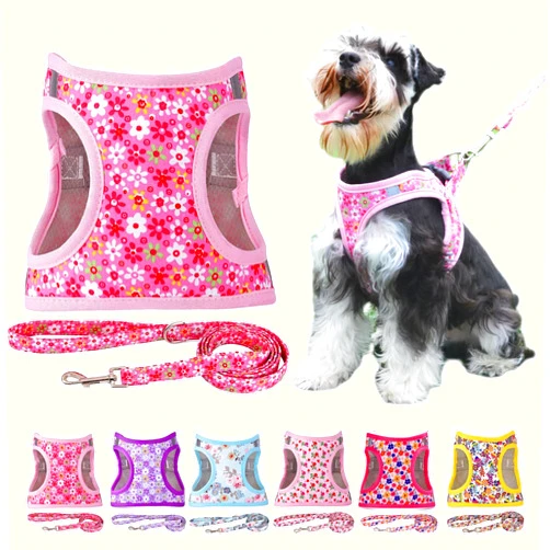 Moonpet Step in Dog Harness Leash Set- All Weather Reflective No-Pull Floral Pattern Padded Mesh Vest Harness for Cats Puppy Extra-Small Small Medium Large Dogs - Pink Flower - XXS