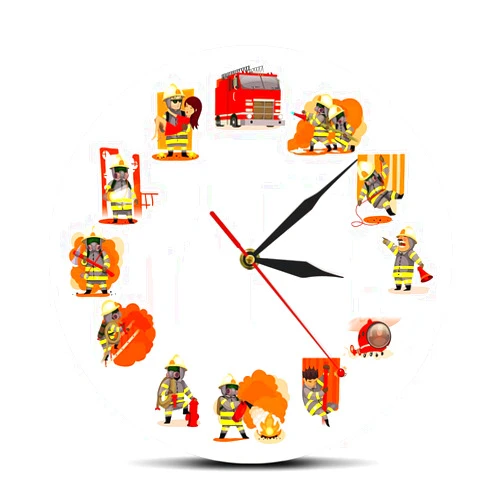 Yuandd Fireman at Work Fire & Rescue Wall Art Fire Department Decor Wall Clock Comic Style Firefighter Team Printed Modern Wall Clock(No Frame)