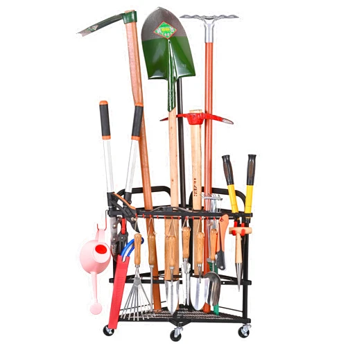PLKOW Garden Tool Organizer with Wheels and Storage Hooks, Rolling Corner Tool Storage Rack for Garden, Shed, Garage, Powder Coated Steel, Black