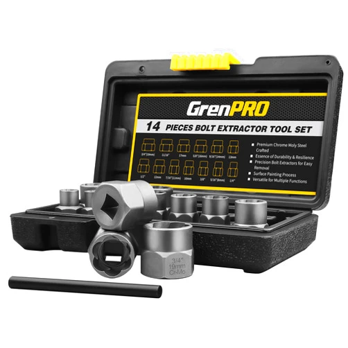 GRENPRO Bolt Extractor Kit, 14 Pieces Impact Bolt & Nut Remover Tool Set, Easy Out Bolt Remover Set with Solid Storage Case, Stripped Bolt Extractor for Rusted, Rounded, Damaged Nuts Screws
