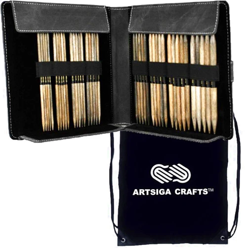 Lykke Driftwood 6-Inch Large Sizes DPN Double Point Knitting Needle Set Birchwood US Sizes 6, 7, 8, 9, 10, 10.5, 11, & 13 Includes Grey Denim Case with Project Bag