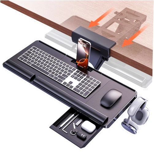 Klearlook Maximized Clarity! Klearlook Upgraded Ergonomic Keyboard Tray Under Desk, Adjustable Sliding Keyboard Platform Holder, Keyboard Stand with Wrist Rest & Storage Drawer for Home, Office and Gaming, 24.4