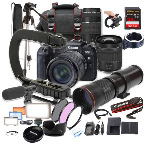 Canon EOS RP Camera Bundle with 24-105mm + 75-300mm + 420-800mm Super Telephoto Lens +128GB Extreme Speed, U-Grip, Microphone, LED Video Light, Spare Battery, Filter Kit, More (Extreme Pro-Bundle)