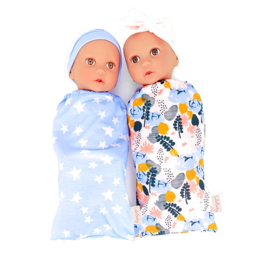 LullaBaby – 14-inch Realistic Baby Twin Dolls – Fair Skin Tones & Brown Eyes – Star & Floral Swaddles – Cute Hat & Headband – Toys For Kids Ages 2 & Up – Twin Baby Dolls & Sleep Sacks Set – Boy & Girl