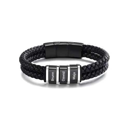 Wendy Made Fathers Day Bracelets for Men Personalized Mens Black Braid Leather Bracelets Custom 2-5 Names Jewelry Gifts for Dad Husband Boyfriend Christmas Birthday