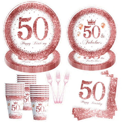 Xigejob Rose Gold 50th Birthday Decorations Women Tableware - 50 And Fabulous Decorations Dinnerware, Plate, Cup, Napkin, Happy Fifty 50-Year-Old Birthday Plates And Napkins Party Supplies | Serve 24