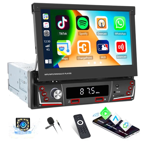 UNITOPSCI Single Din Flip Out Wireless Apple CarPlay Android Auto Car Radio 7 Inch Touch Screen Bluetooth 5.1 FM/AM USB/TF Card/AUX Input, DVR Mirror Link SWC+Backup Camera Mic Remote Control