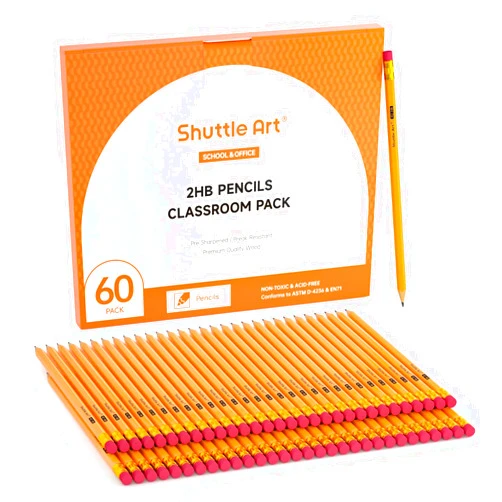 Shuttle Art 60 Pack Pencils, #2 HB, Pre-sharpened Pencils with Top Erasers, Premium Woodcased Yellow Pencils Bulk for Classroom & School Supplies, Writing and Drawing