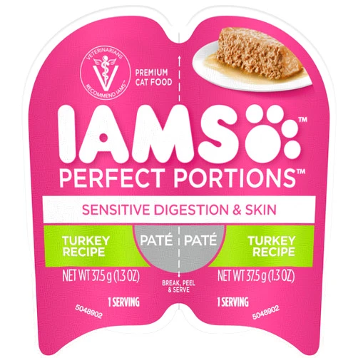 Iams Perfect Portions Sensitive Digestion & Skin Adult Wet Cat Food Paté, Turkey Recipe, 2.6 oz. Easy Peel Twin-Pack Trays (24 Count, 48 Servings)