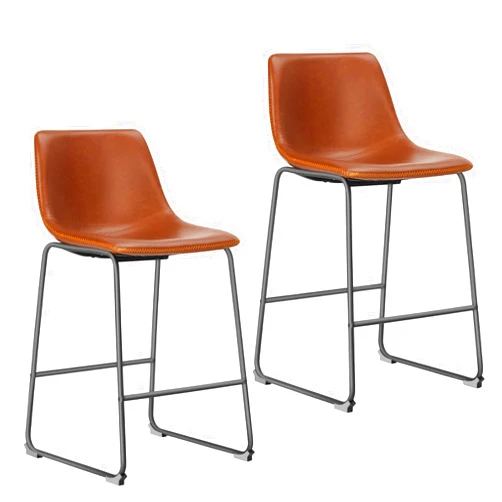 NEWBULIG Counter Height Barstools with Leather Back, Matel Bar High Table Stool Chairs for Kitchen, Set of 2 26 inch, Whiskey Brown