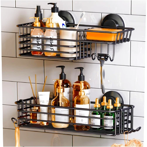 TAILI Shower Caddy Suction Cup 2 Pack with Hooks & Soap holder, Heavy Duty Shower Organizer for Bathroom, No Drilling Bathroom Organizer with Large Capacity, Black Metal Storage Basket