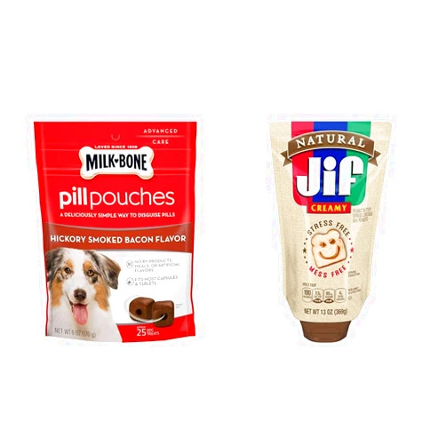 Milk-Bone Pill Pouches Dog Treats Bacon Flavor 6 Ounce (Pack of 5) + Jif Natural Squeeze Creamy Peanut Butter 13 Ounce (Pack of 10) Bundle