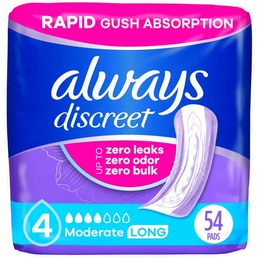 Always Discreet Adult Incontinence Pads for Women, Moderate Absorbency, Long Length, Postpartum Pads, 54 Count