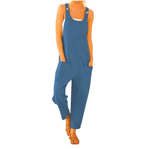 Mannjin Women’s Casual Cotton Linen Rompers Button Shoulder Straps Jumpsuit Sleeveless Bib Overalls with Pocket